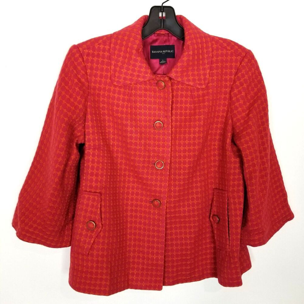 Banana Republic Women's Plaid Jacket Blazer Sz S Red Button Up Preppy Office